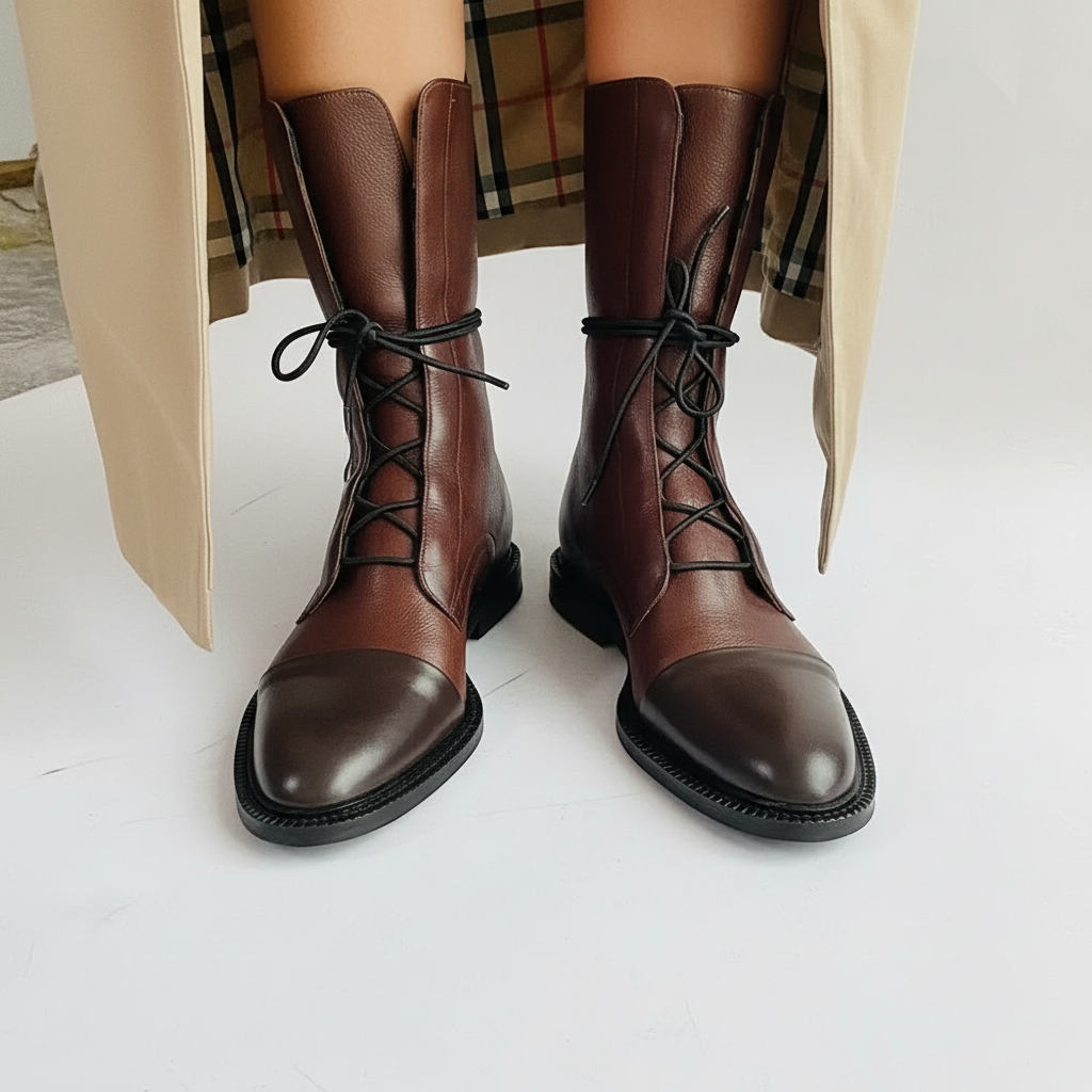 Leren Veterlaarzen Dames – Tweekleurig Bruin en Zwart