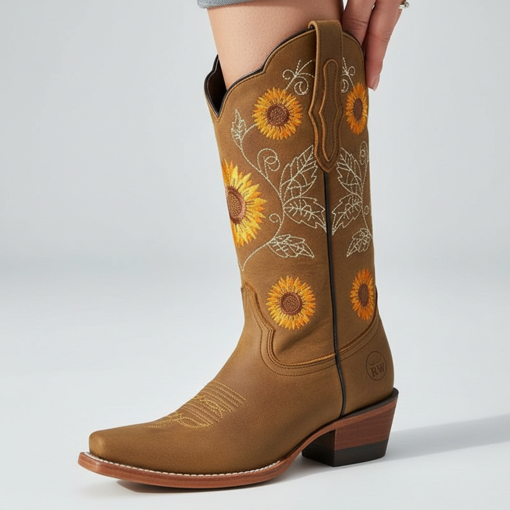 Leren Dames Western Laarzen met Zonnebloem Borduursel