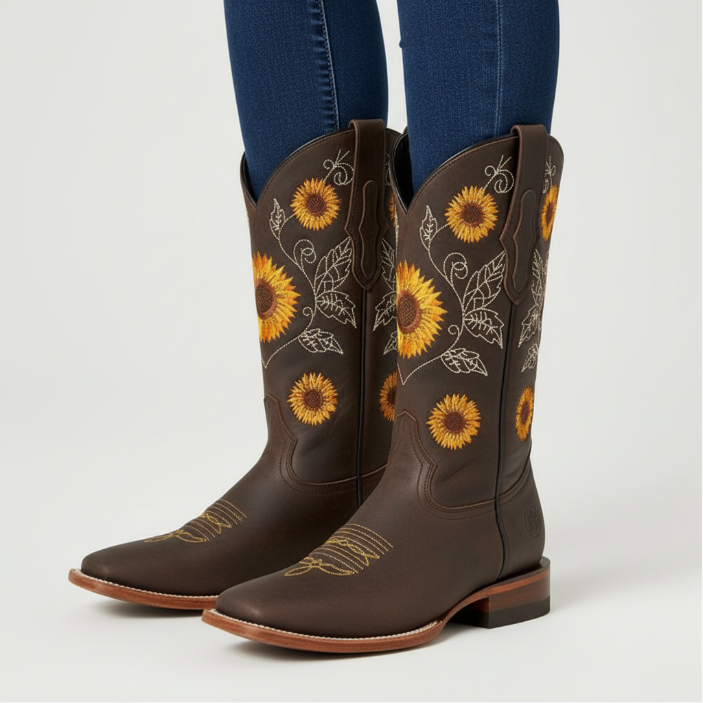 Leren Dames Western Laarzen met Zonnebloem Borduursel