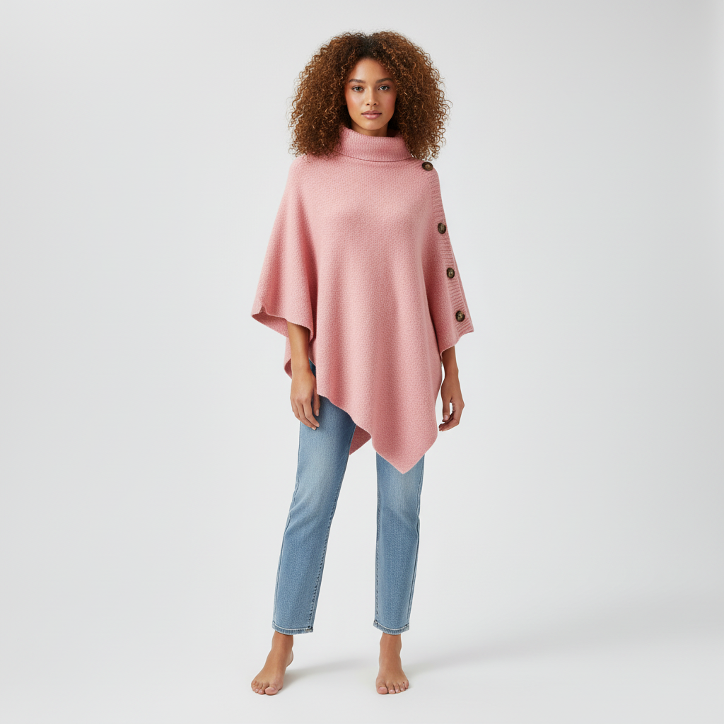 Gebreide Dames Poncho met Hoge Kraag en Asymmetrische Zoom