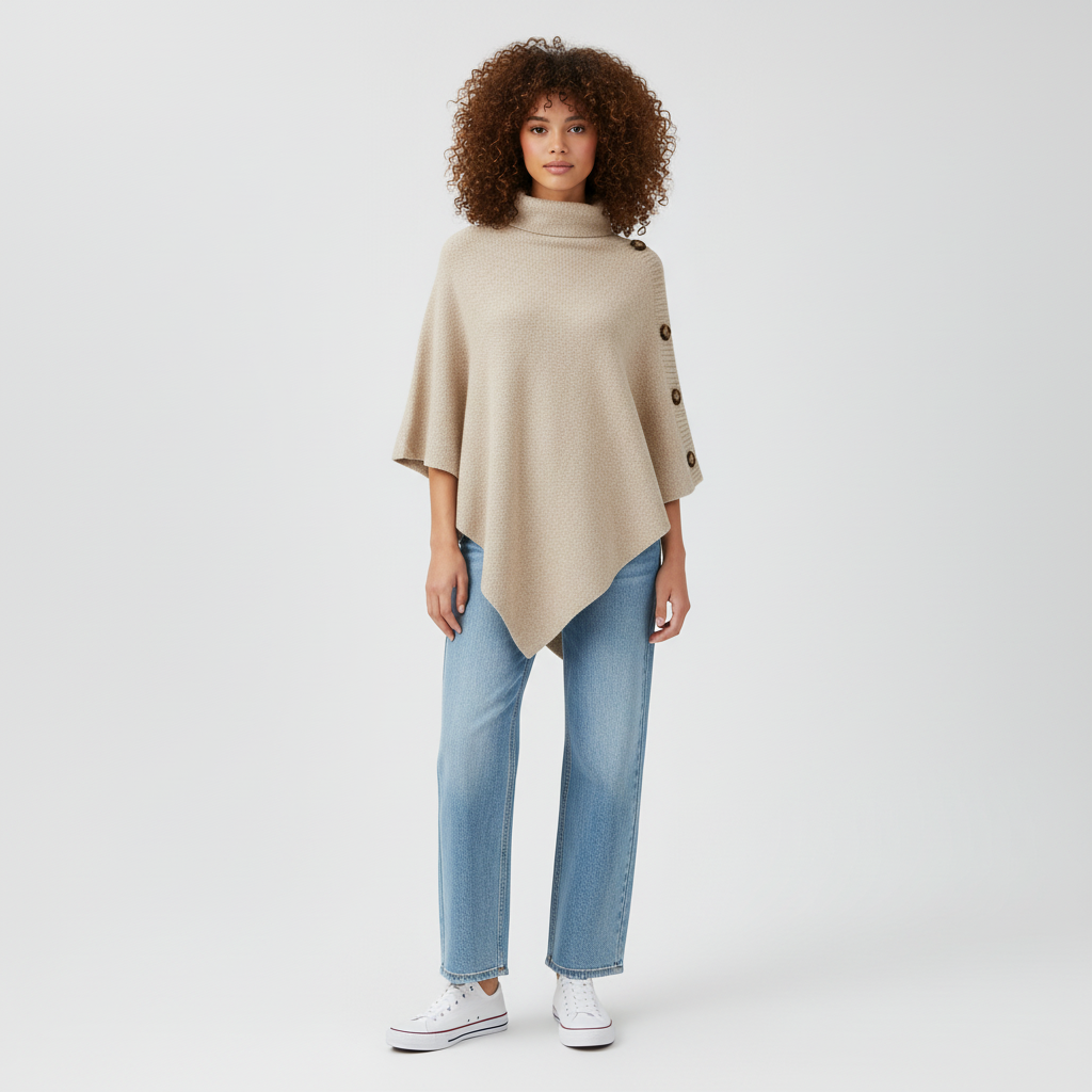 Gebreide Dames Poncho met Hoge Kraag en Asymmetrische Zoom