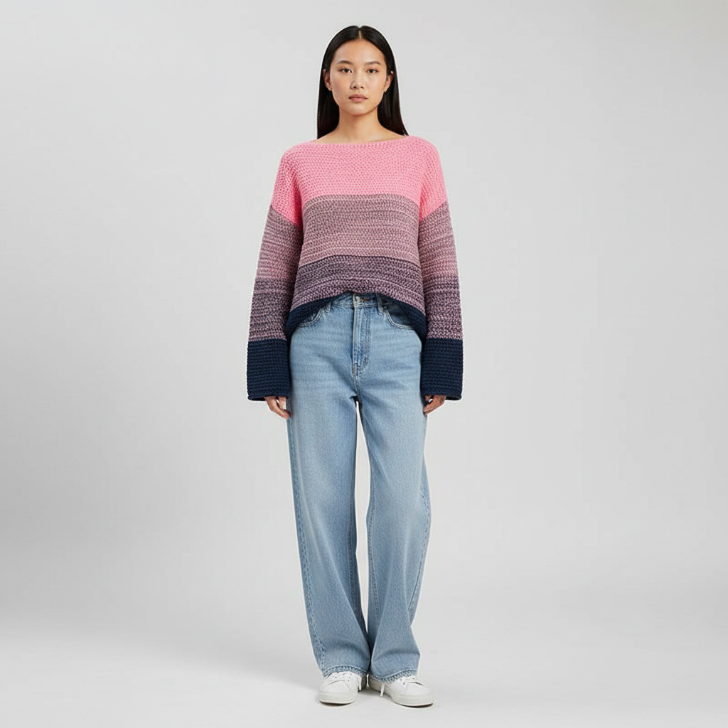 Gebreide Patchwork Dames Trui in Groen en Roze | Oversized