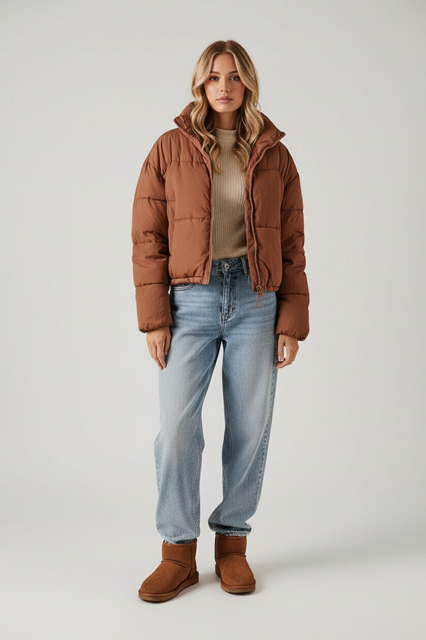 Korte Dames Pufferjas met Hoge Kraag | Warme Gewatteerde Winterjas