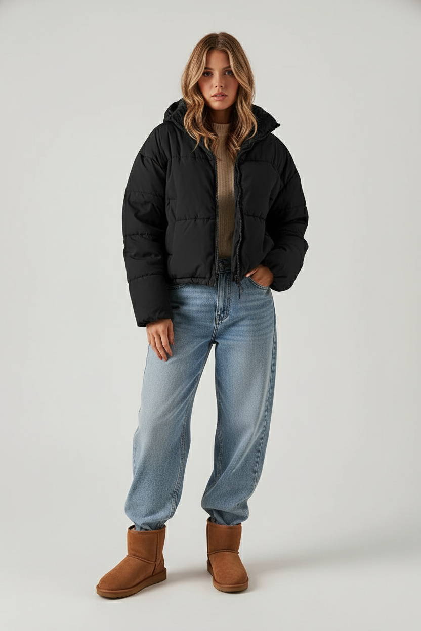 Korte Dames Pufferjas met Hoge Kraag | Warme Gewatteerde Winterjas