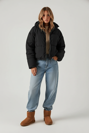 Korte Dames Pufferjas met Hoge Kraag | Warme Gewatteerde Winterjas