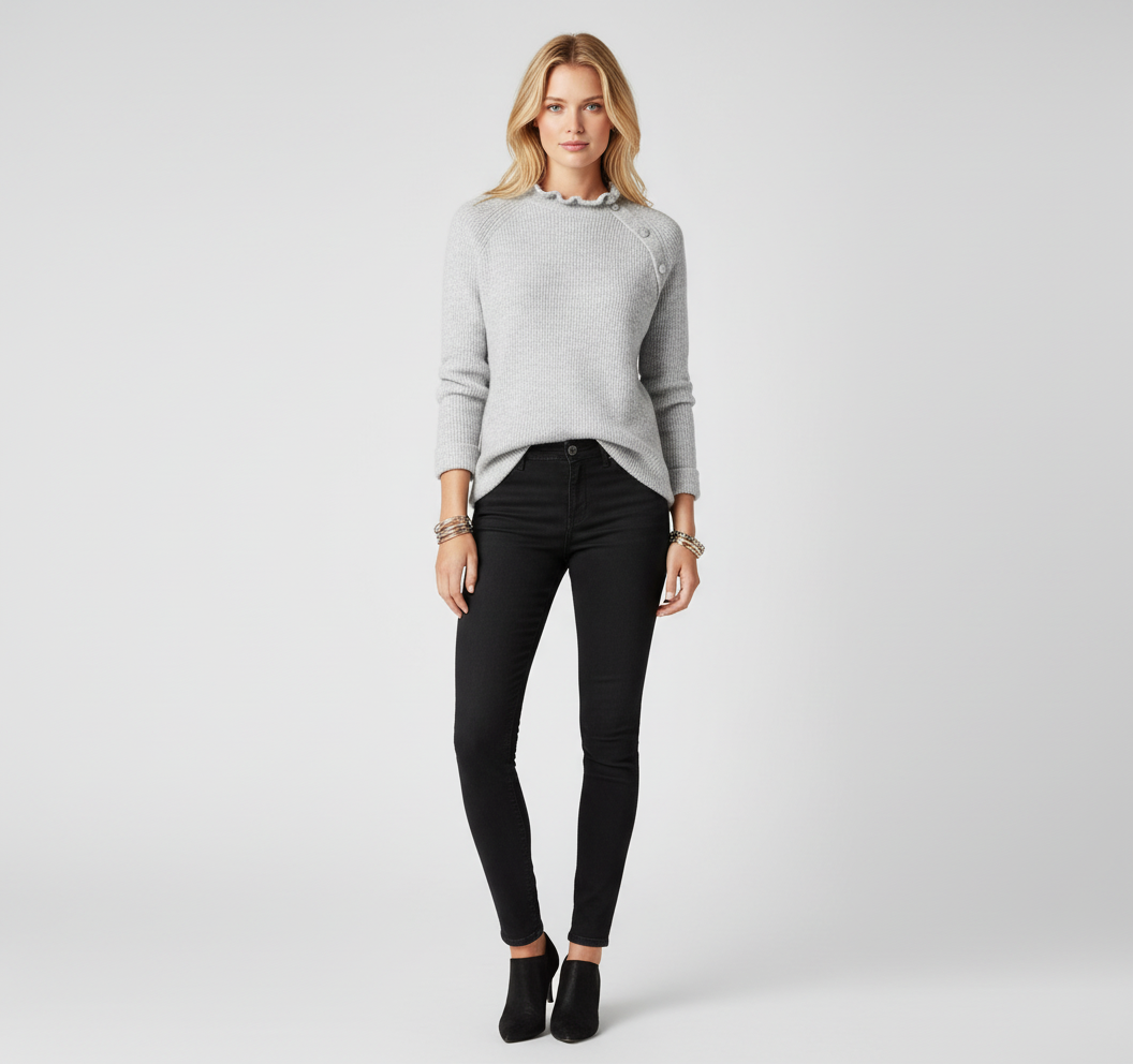 Gebreide Dames Trui met Rufflekraag en Asymmetrische Knoop