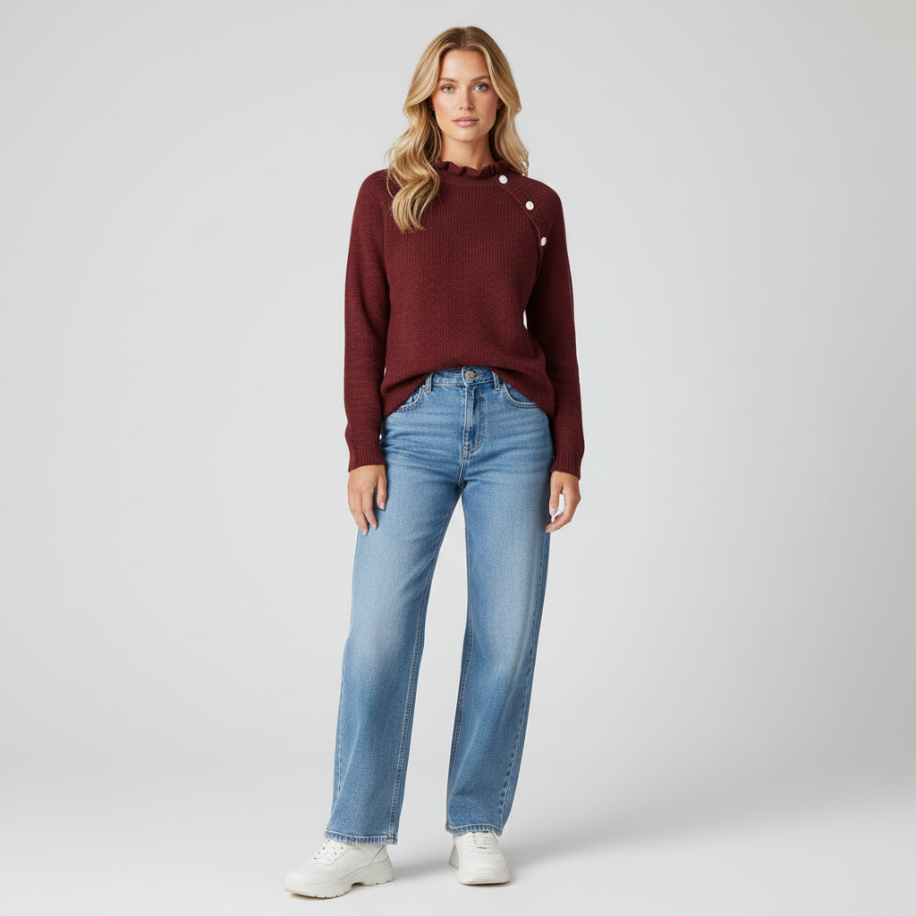 Gebreide Dames Trui met Rufflekraag en Asymmetrische Knoop