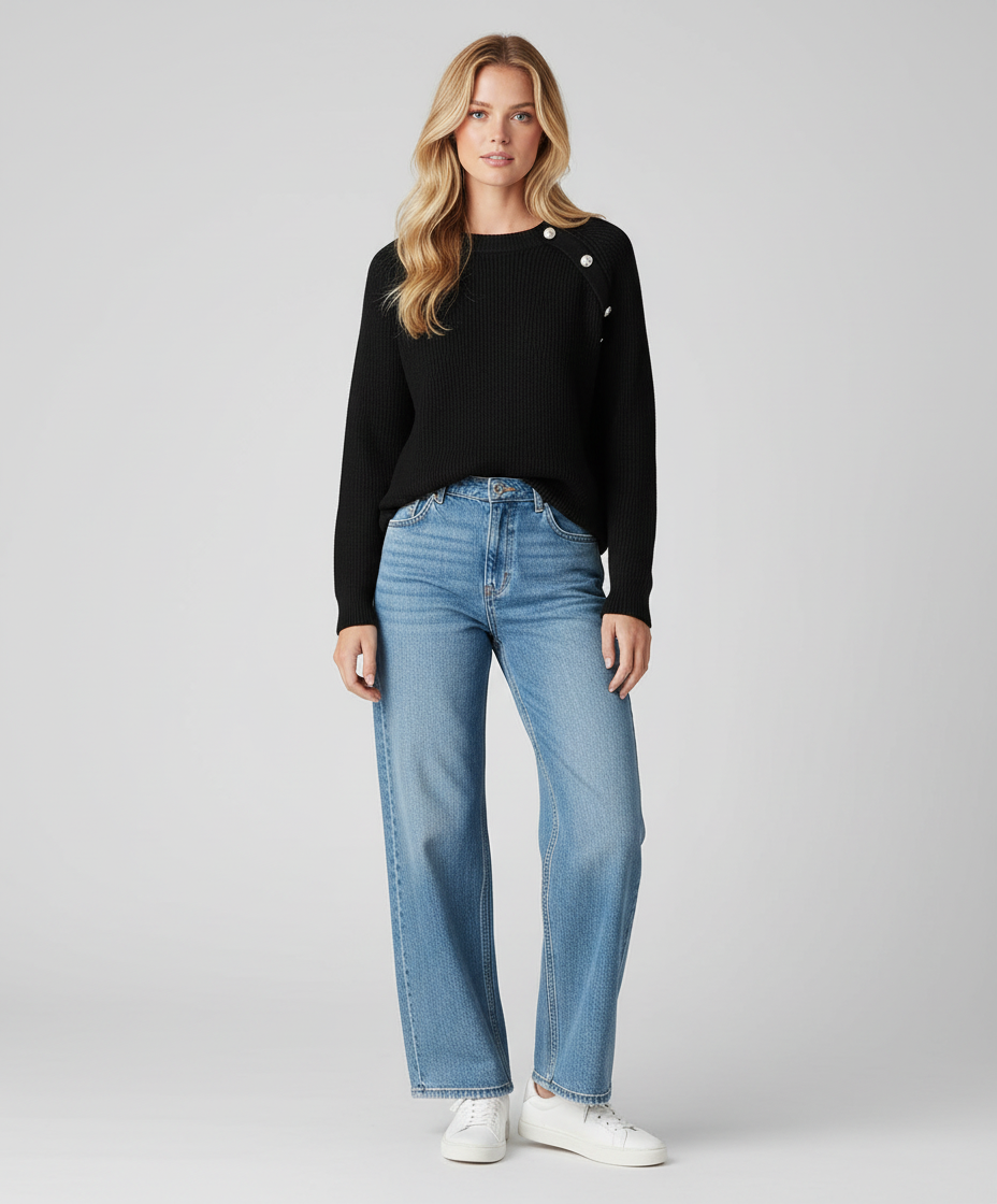 Gebreide Dames Trui met Rufflekraag en Asymmetrische Knoop