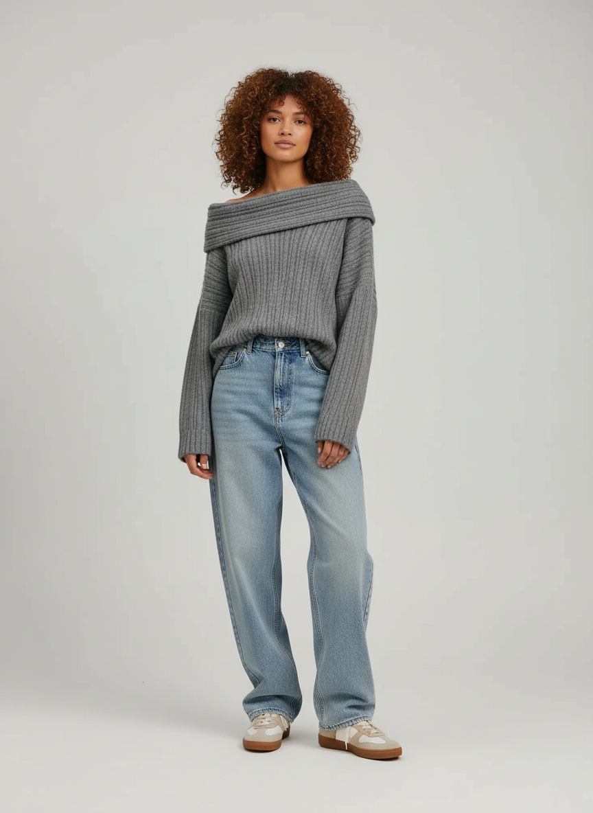 Gebreide Off-Shoulder Trui met Wijde Colkraag
