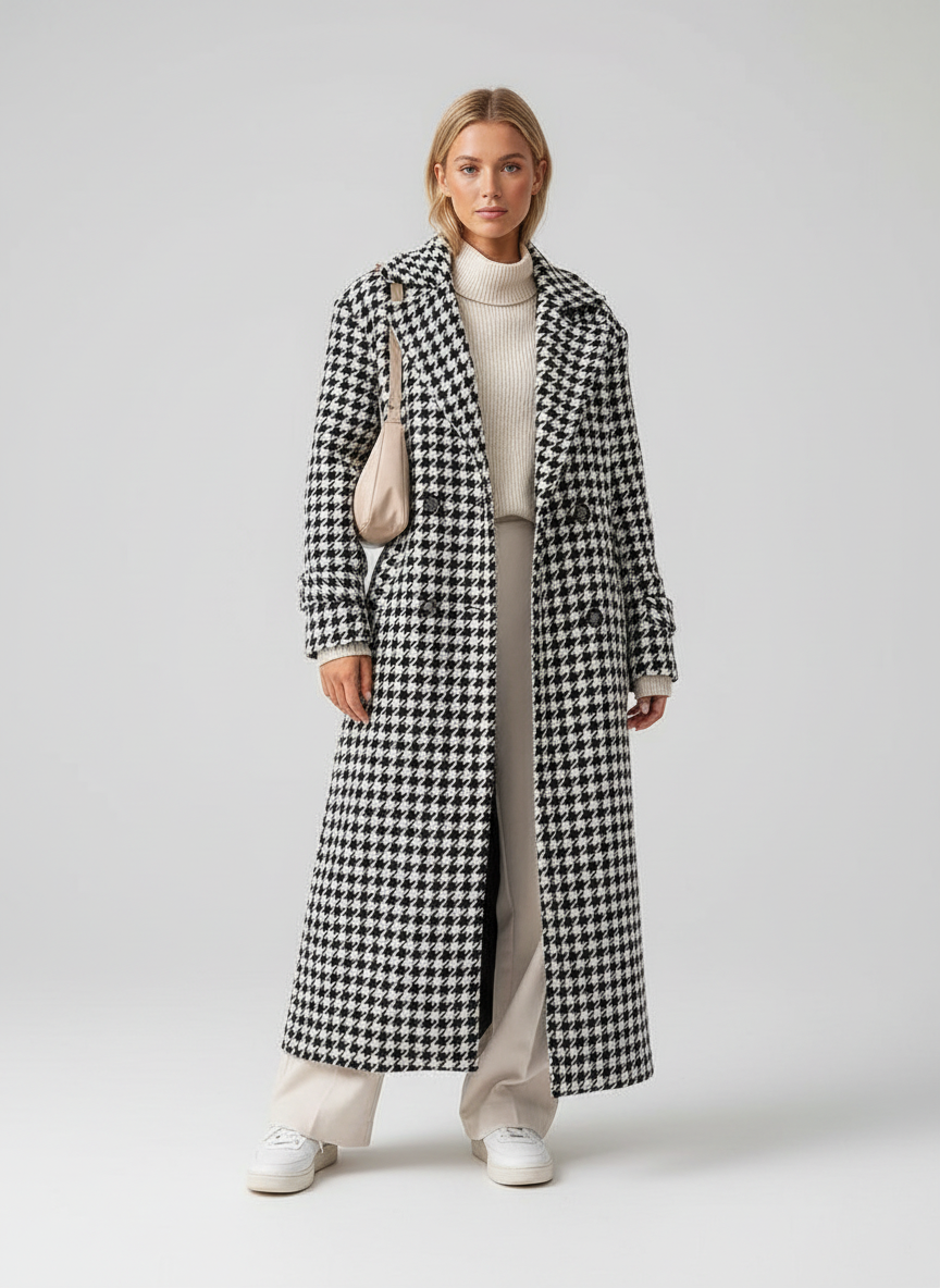 Lange Wolmix Dames Jas met Houndstooth Patroon