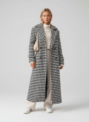 Lange Wolmix Dames Jas met Houndstooth Patroon