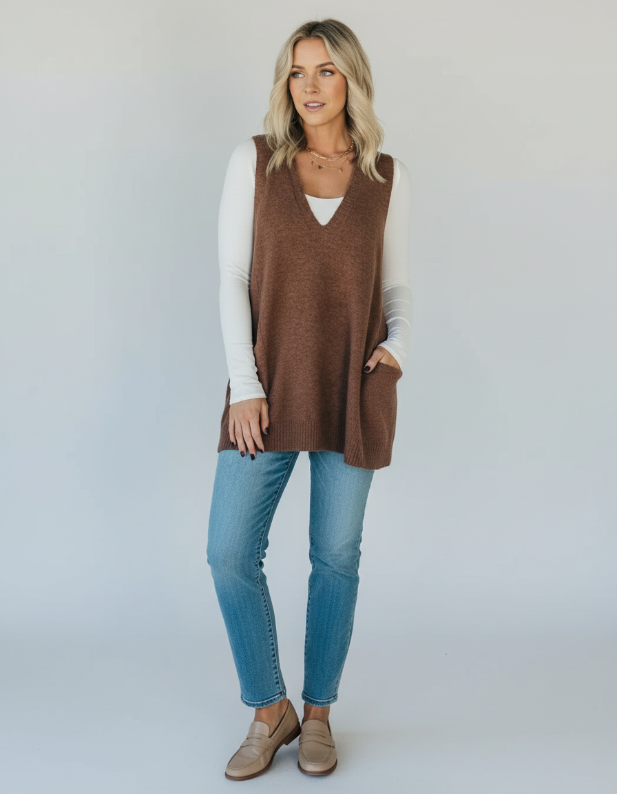 Gebreid Dames Mouwloos Vest met V-hals en Zakken