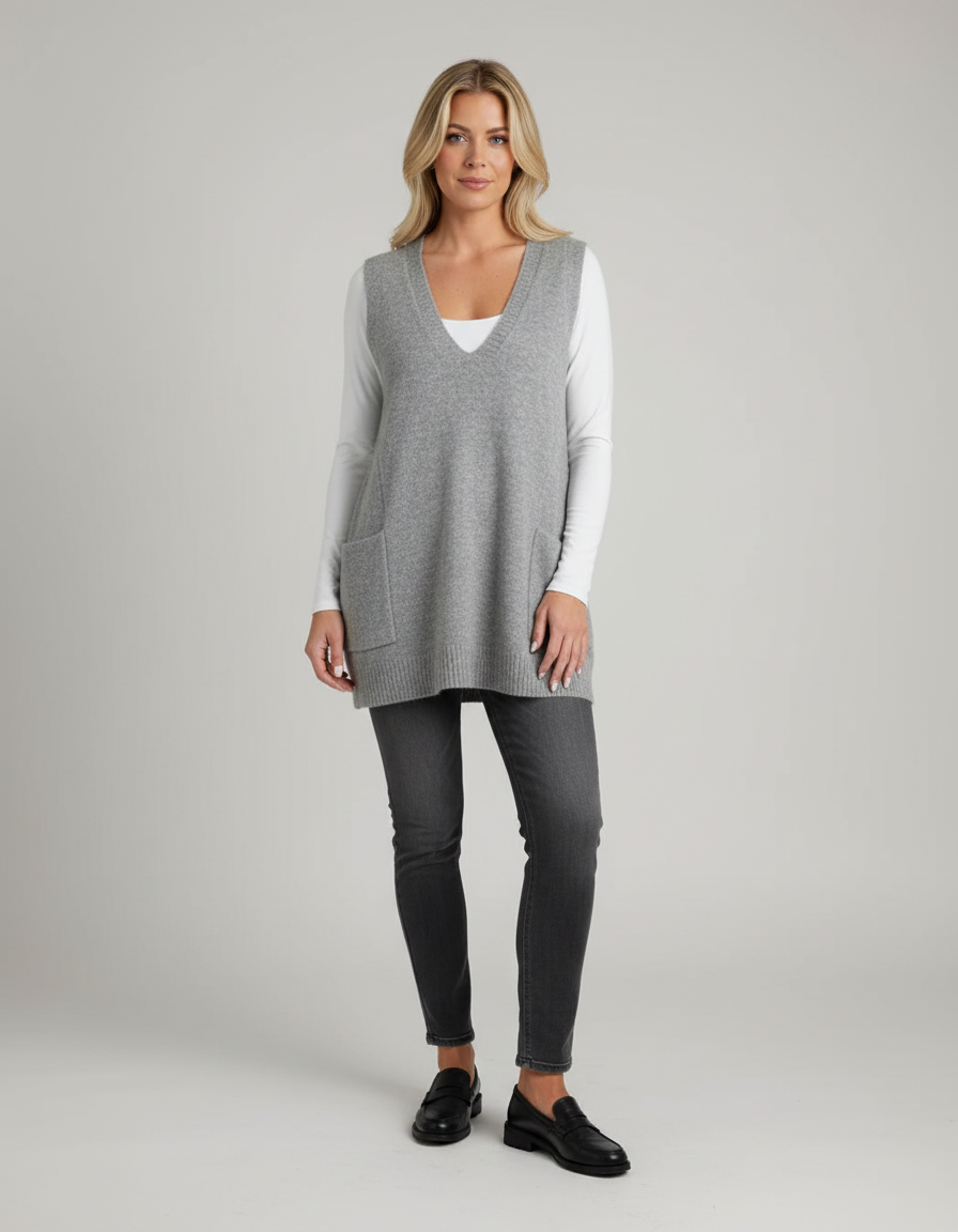 Gebreid Dames Mouwloos Vest met V-hals en Zakken