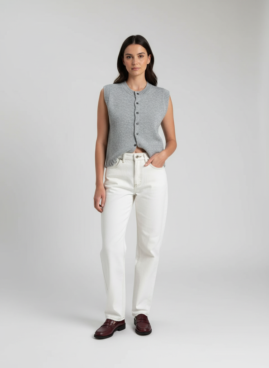 Gebreid Dames Mouwloos Vest – Vest Met Knoopsluiting In Abrikoos En Lichtgrijs