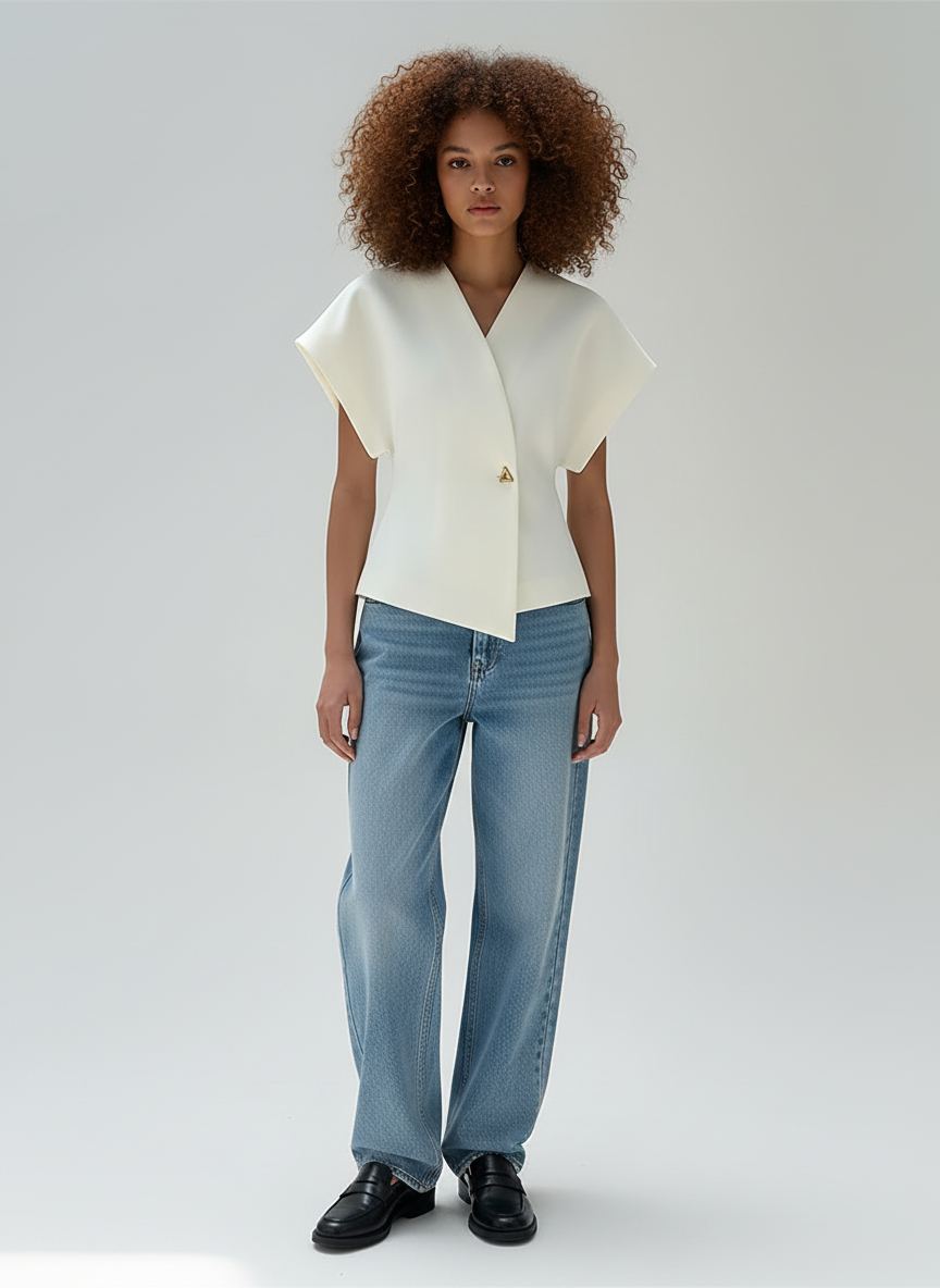 Dames Top – Elegante Blend Top Met V-Hals En Goudkleurige Knopen