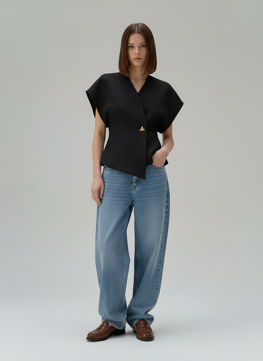 Dames Top – Elegante Blend Top Met V-Hals En Goudkleurige Knopen