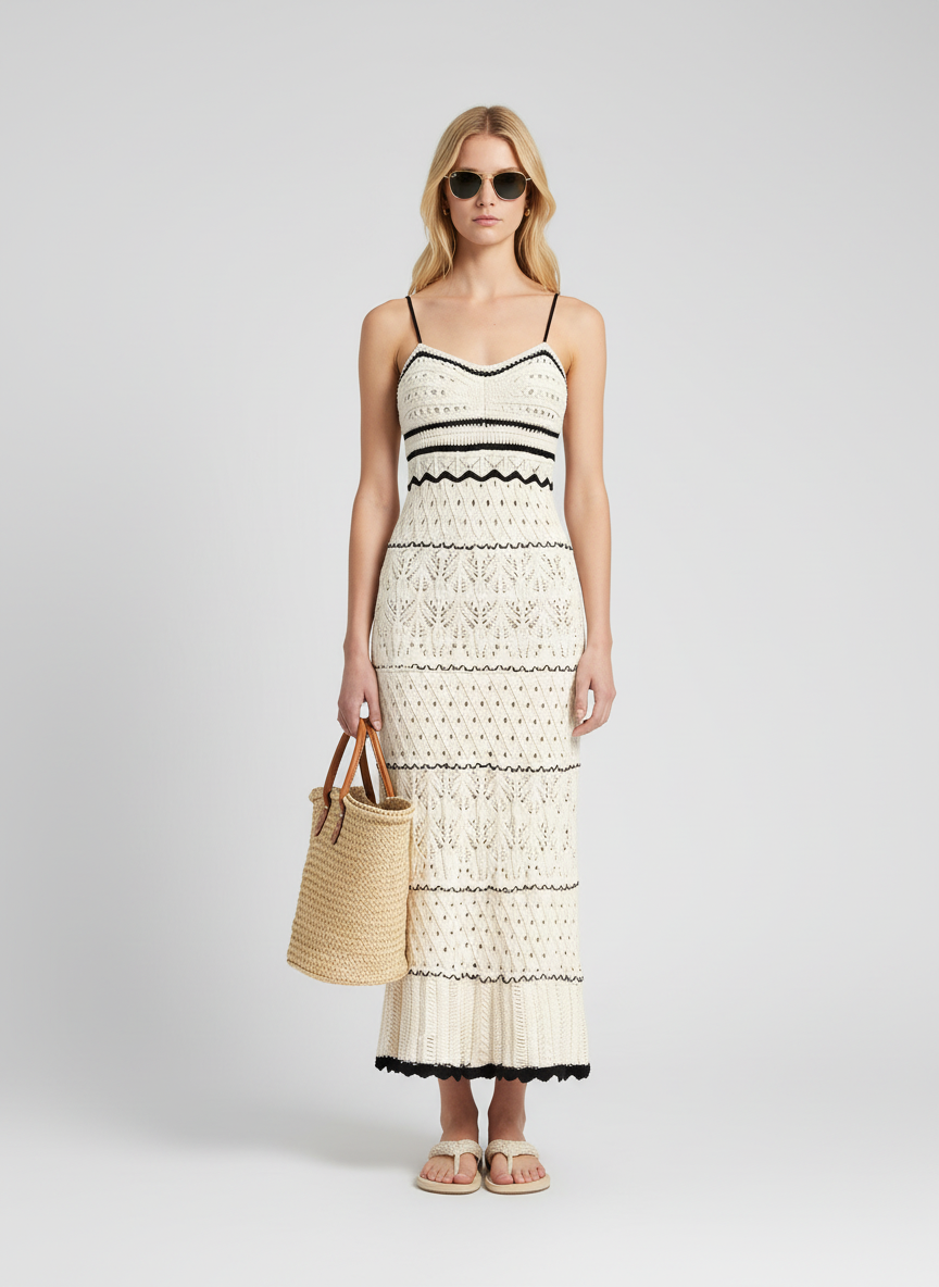 Gebroken Witte Gehaakte Midi Jurk met Zwarte Strepen