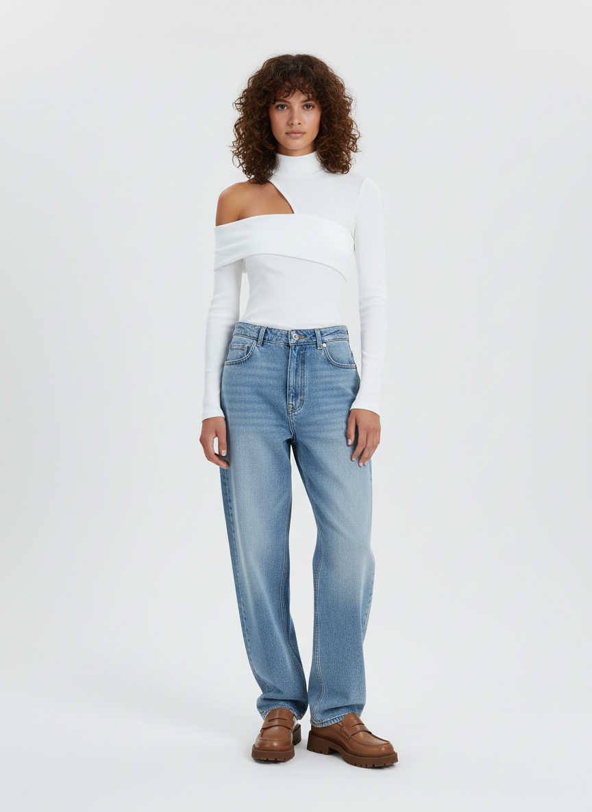 Ribgebreide Dames Top – Top Met Mock Neck En Schuine Uitsnijding