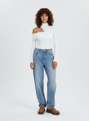 Ribgebreide Dames Top – Top Met Mock Neck En Schuine Uitsnijding