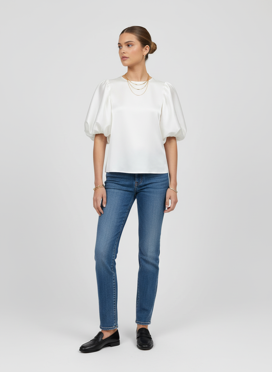 Feestelijke Satijnen Dames Top – Satijnen Top Met Pofmouwen