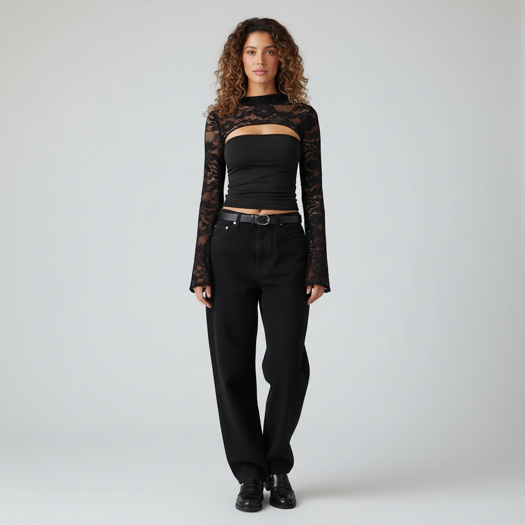 Dames Kanten Top – Zwarte Chique Kanten Top Met Wijde Kantmouwen