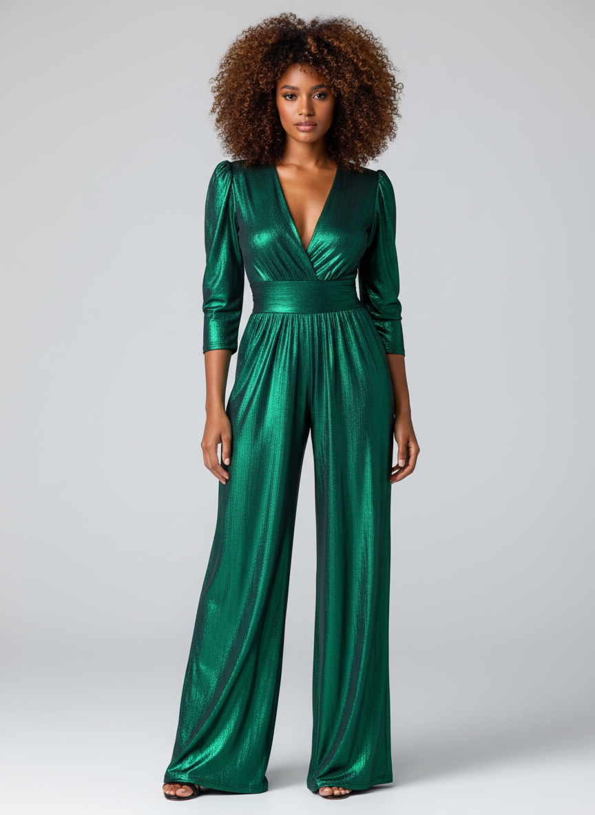 Dames Jumpsuit – Elegante Blend Jumpsuit Met Wijde Pijpen En V-Hals