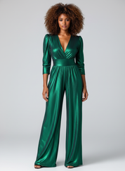 Dames Jumpsuit – Elegante Blend Jumpsuit Met Wijde Pijpen En V-Hals