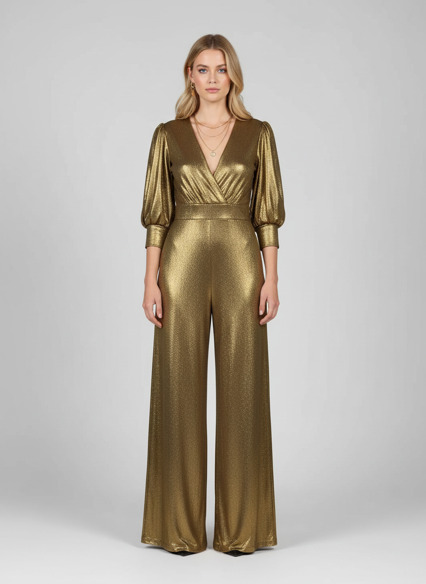 Dames Jumpsuit – Elegante Blend Jumpsuit Met Wijde Pijpen En V-Hals