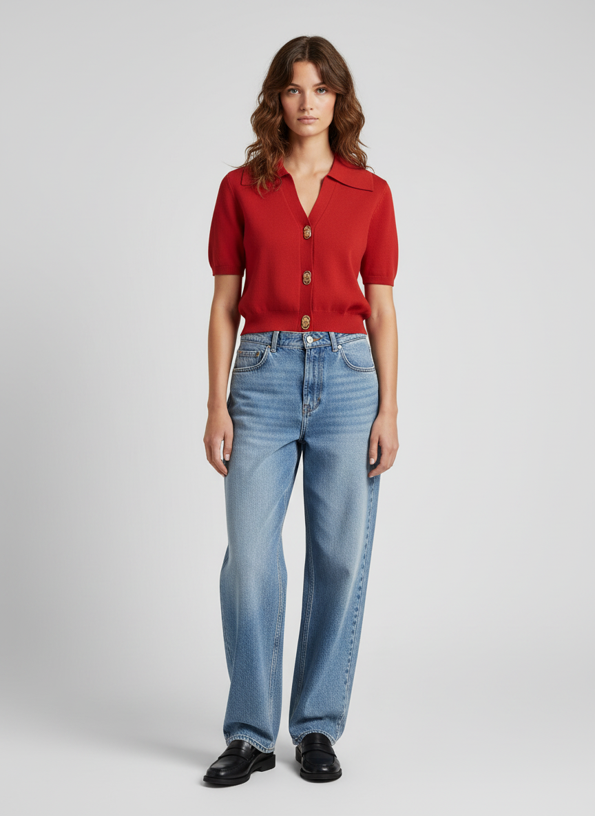 Dea Studios Gebreide Top met Puntkraag en Gouden Knopen