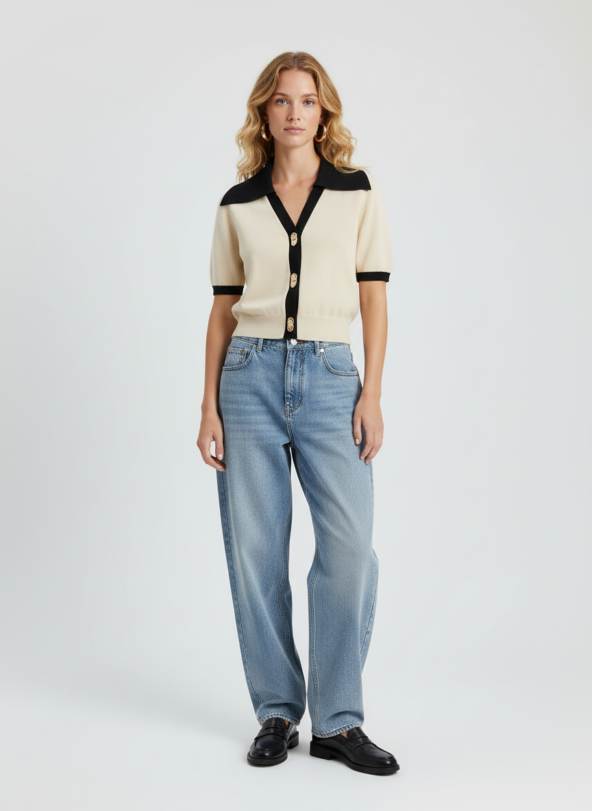 Dea Studios Gebreide Top met Puntkraag en Gouden Knopen