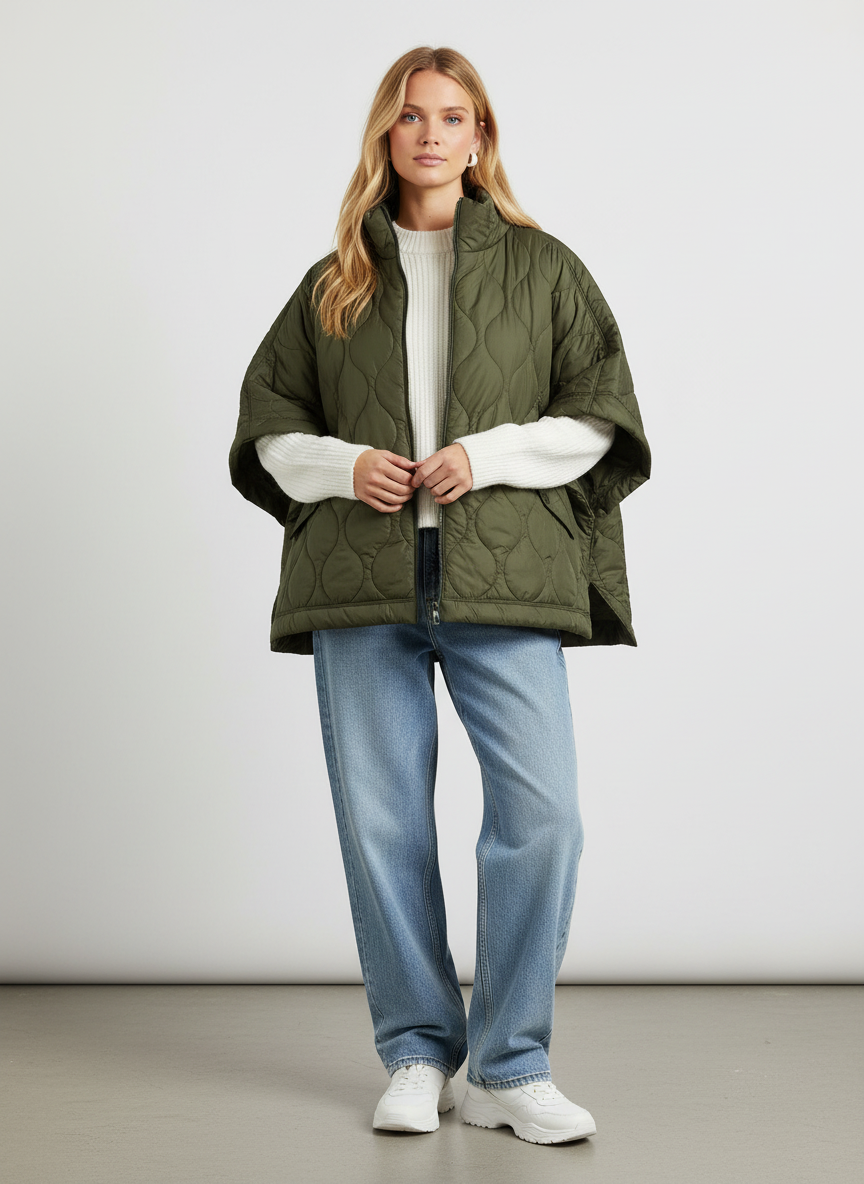 Gewatteerde Cape Jas Dames – Olijfgroene Warme Cape Jas Met Stijlvolle Pasvorm