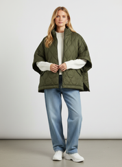 Gewatteerde Cape Jas Dames – Olijfgroene Warme Cape Jas Met Stijlvolle Pasvorm