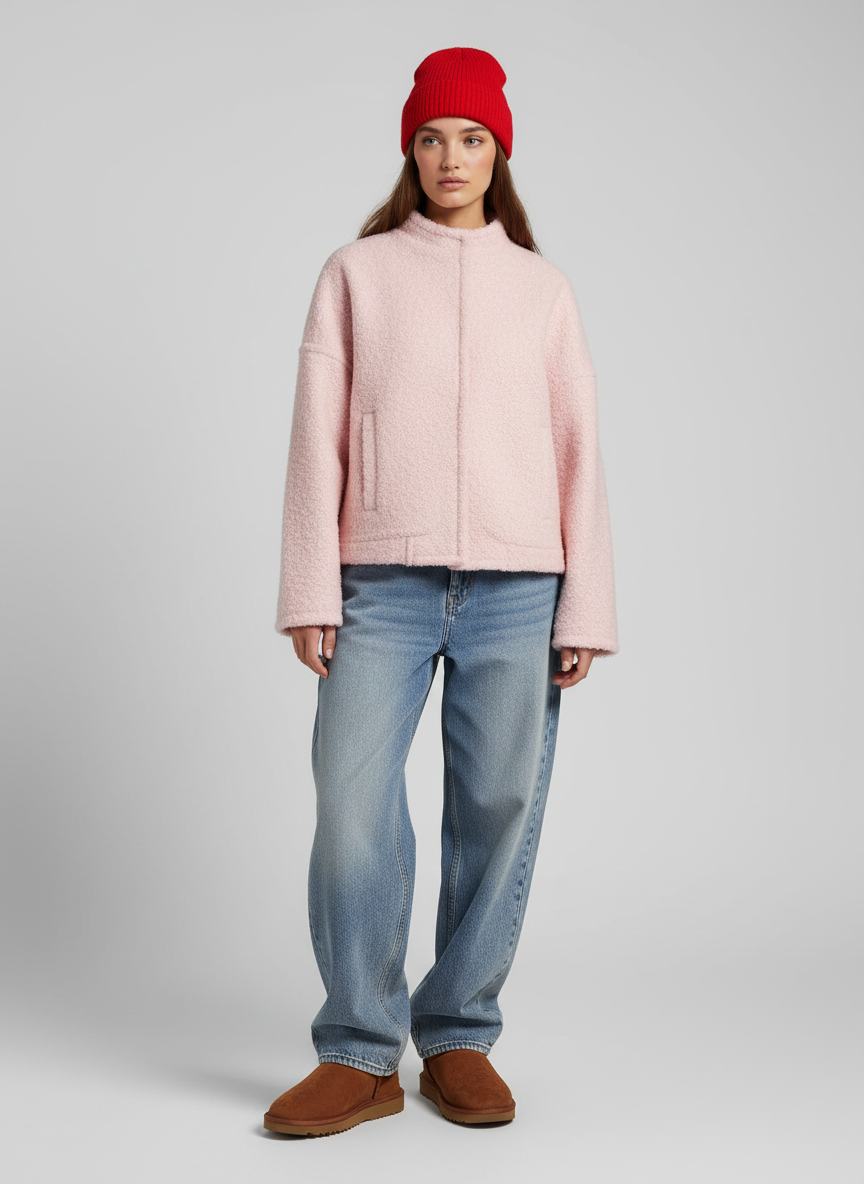 Bouclé Jas Dames – Roze Wol Jas Met Stijlvolle Warme Bouclé Look