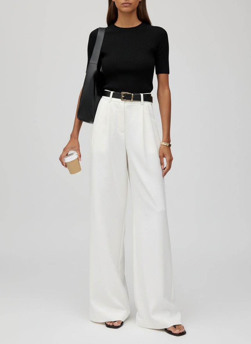 Dames Gestructureerde Wijde Pantalon met Plooien