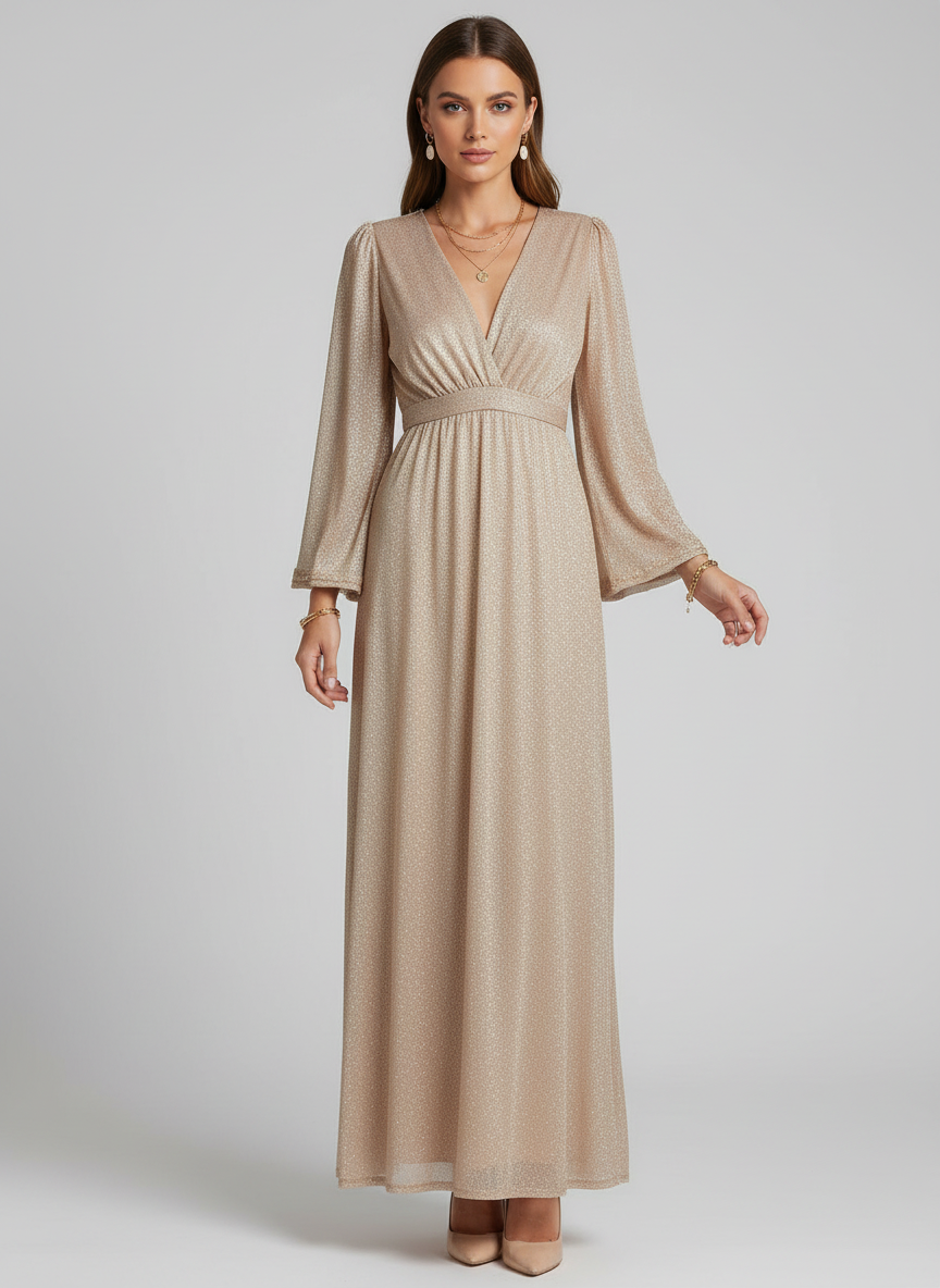 Glinsterende Maxi-Jurk met V-hals en Klokmouwen | Feestelijk en Chique
