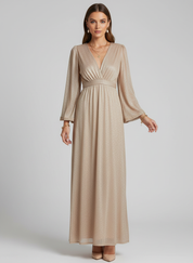 Glinsterende Maxi-Jurk met V-hals en Klokmouwen | Feestelijk en Chique