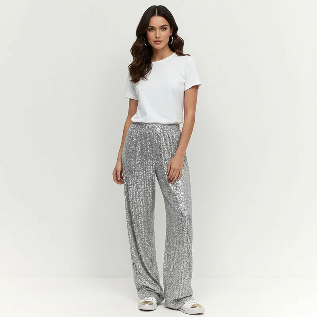 Pailletten Wijde Dames Broek met Elastische Tailleband