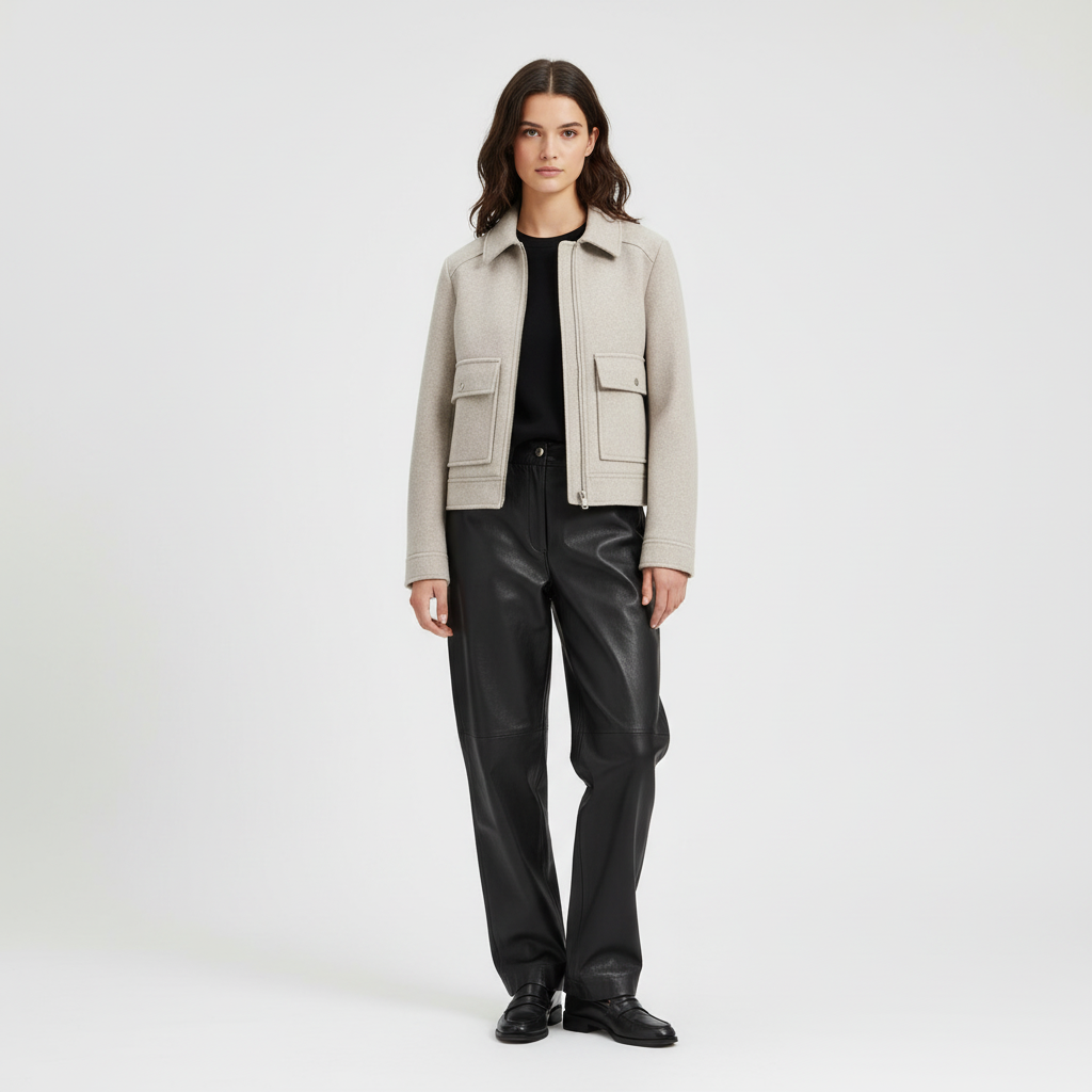 Premium Wolmix Cropped Dames Bomberjack Met Knoopzakken