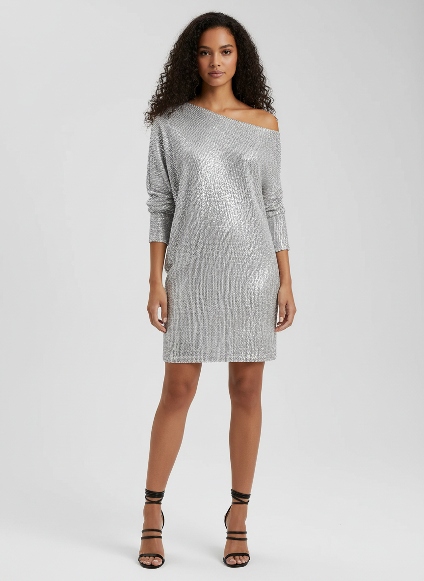 Dames Blend Jurk met Off-Shoulder Design en Pailletten