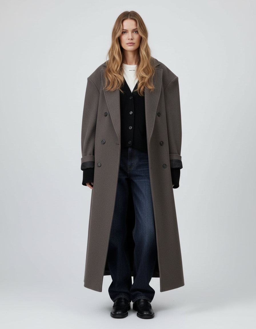 Lange Oversized Wollen Dames Jas met Dubbele Knopen – Wolblend