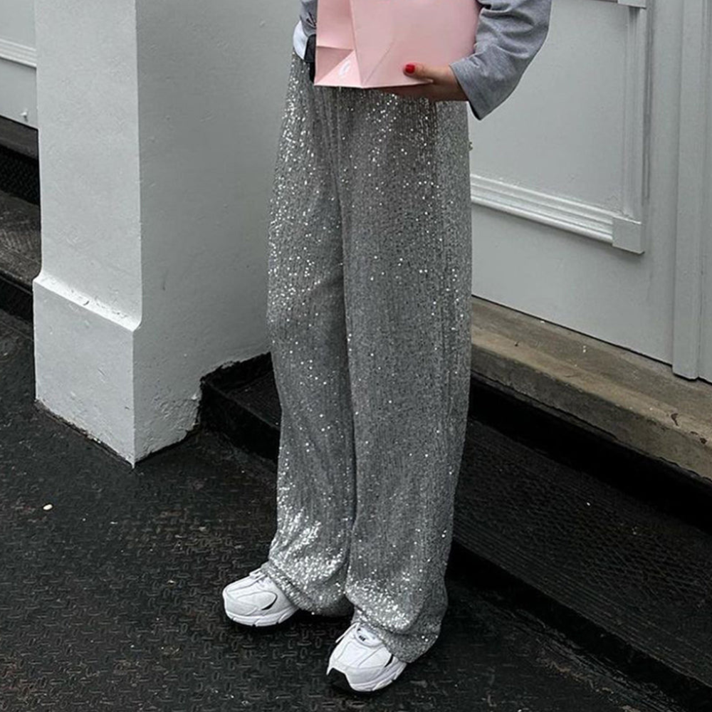Pailletten Wijde Dames Broek met Elastische Tailleband