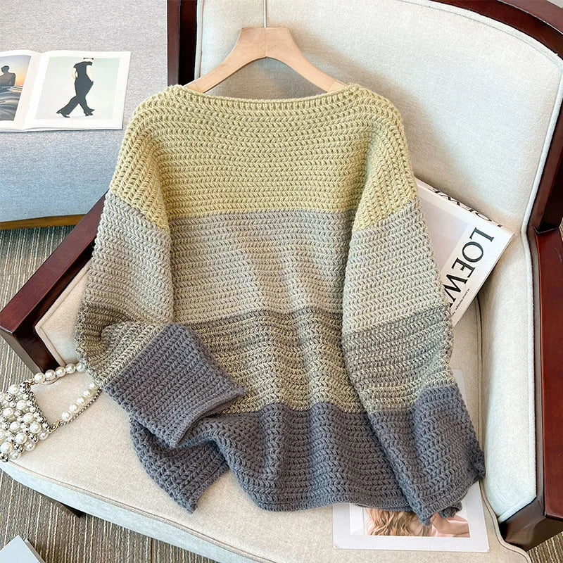 Gebreide Patchwork Dames Trui in Groen en Roze | Oversized