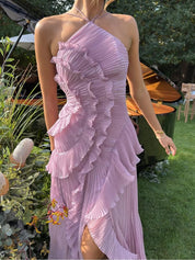 Dames Maxi Jurk met Asymmetrische Ruches en Elegante Uitstraling