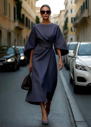 Elegante Dames Midi-Jurk – Stijlvolle Jurk met Lantaarnmouwen en Flatterende Pasvorm