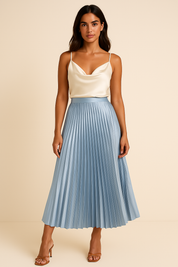 Elva Satijnen Plooirok – Hoge Taille Midi-Rok met Elegante Glans