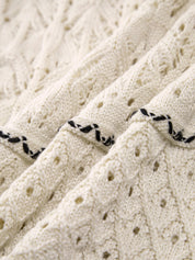 Gebroken Witte Gehaakte Midi Jurk met Zwarte Strepen