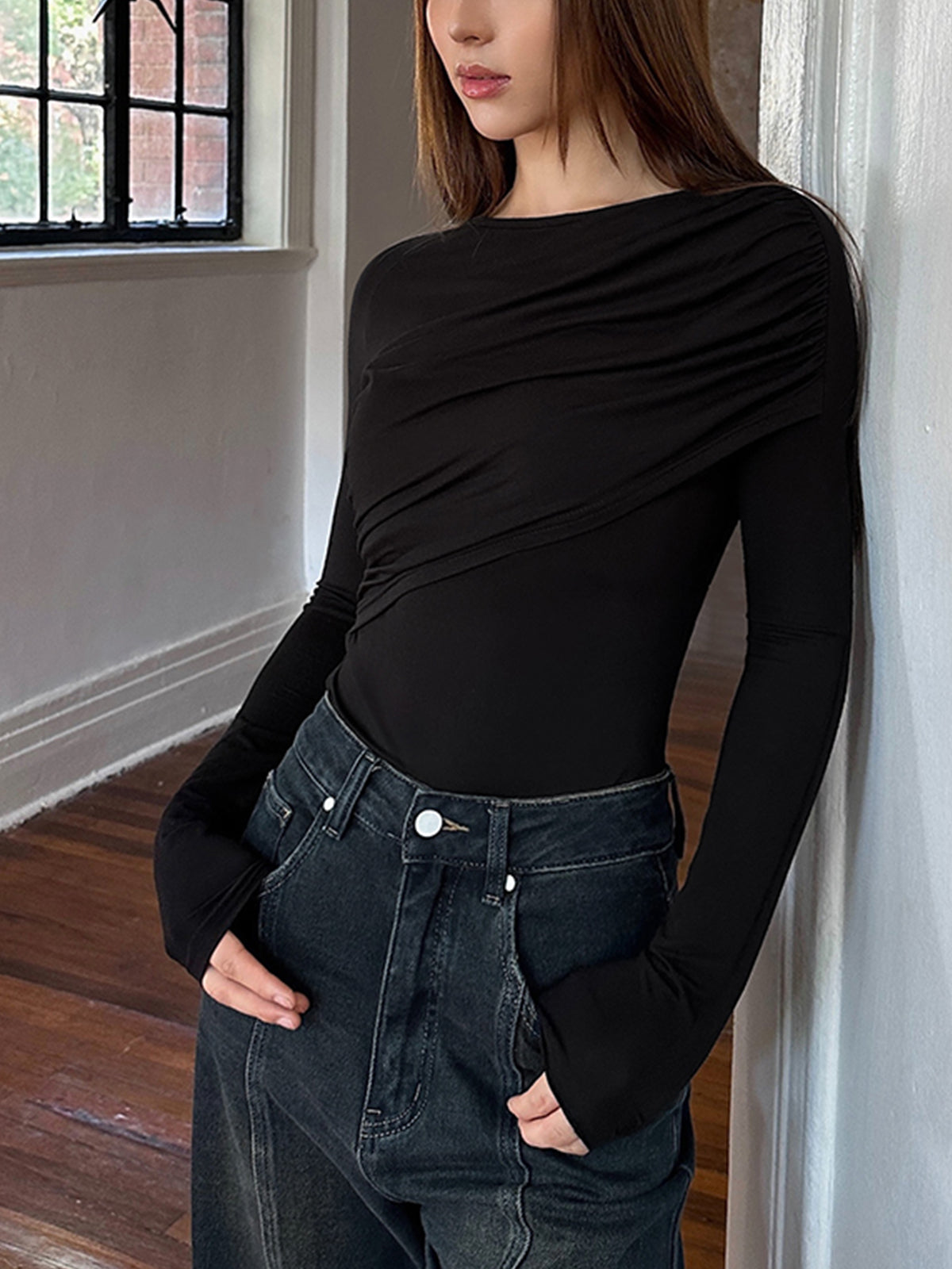 Dames Top – Viscose Blend Top Met Gedrapeerde Halslijn