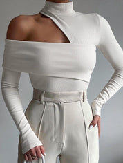 Ribgebreide Dames Top – Top Met Mock Neck En Schuine Uitsnijding