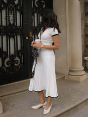 Elegante Gebreide Dames Midi Jurk – Midi Jurk Met Stijlvolle Contrastbies