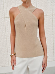 Gebreide Dames Haltertop – Haltertop Met Gekruiste Halslijn